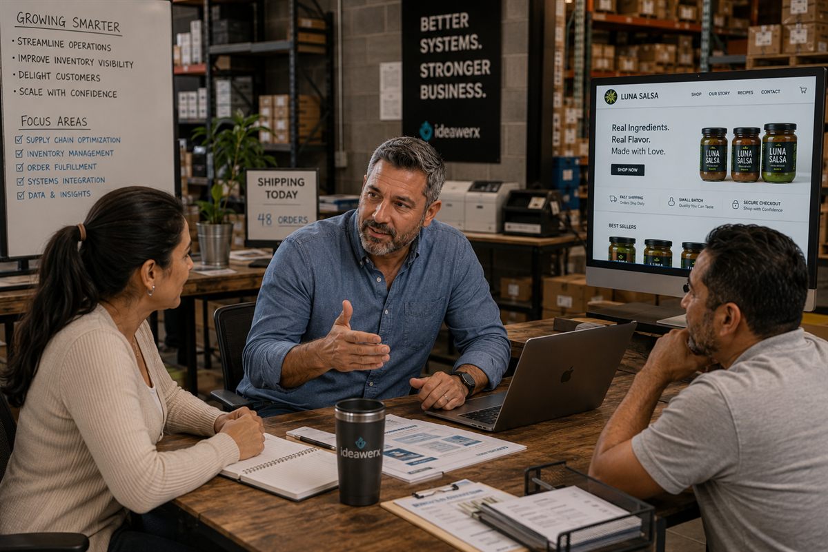 Three people around a warehouse office table reviewing a client's online store on screen, with an operations plan on the whiteboard behind them